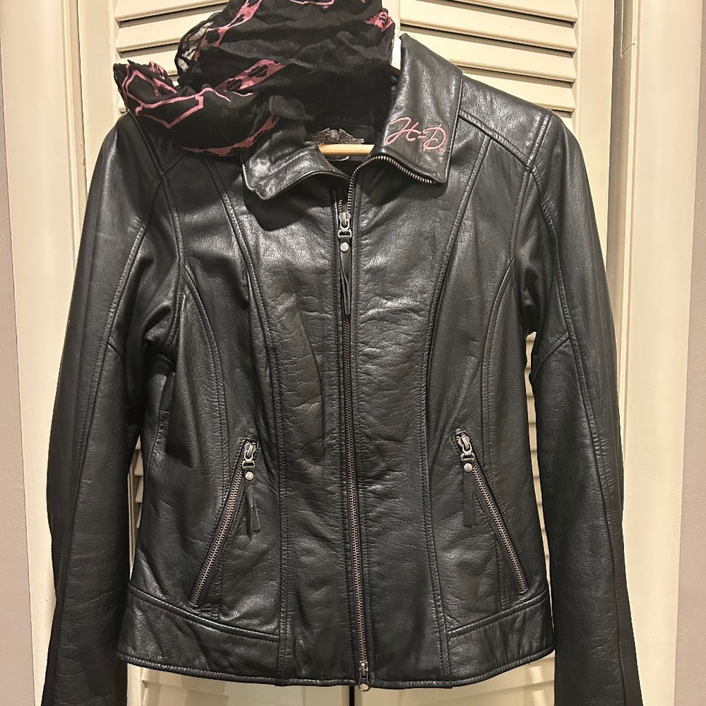 Harley Davidson Women's Genuine Black Leather Pink Wing Jacket
